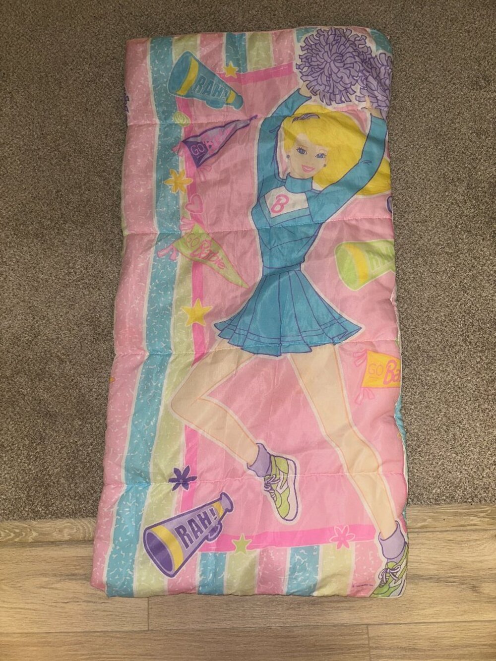 Vintage 90s Mattel Barbie Cheerleader Sleeping Bag with Pastel Design retro camp